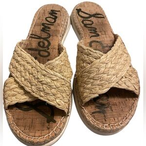 Sam Edelman Natural Braided Raffia Cross Strap Slide Sandals - Jovie.